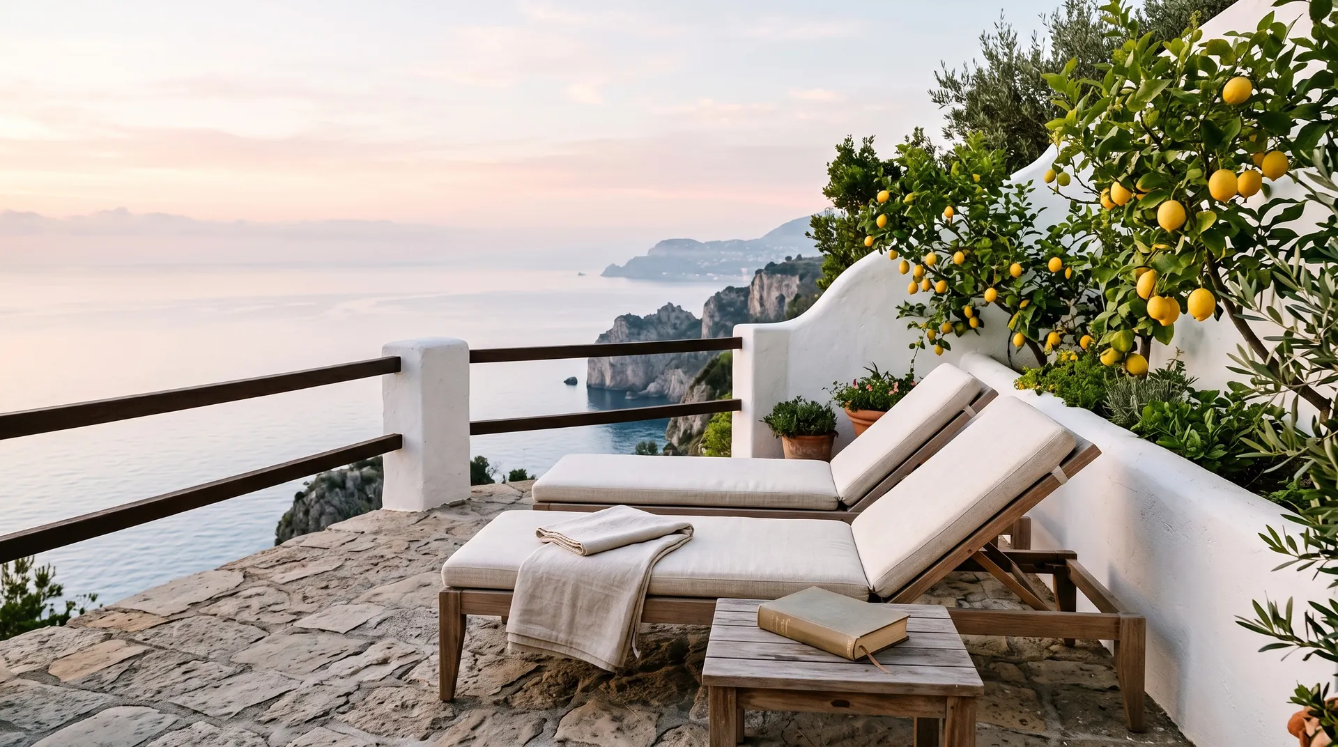 Zwei Sonnenliegen auf einer ruhigen weiß getünchten Terrasse über dem Meer