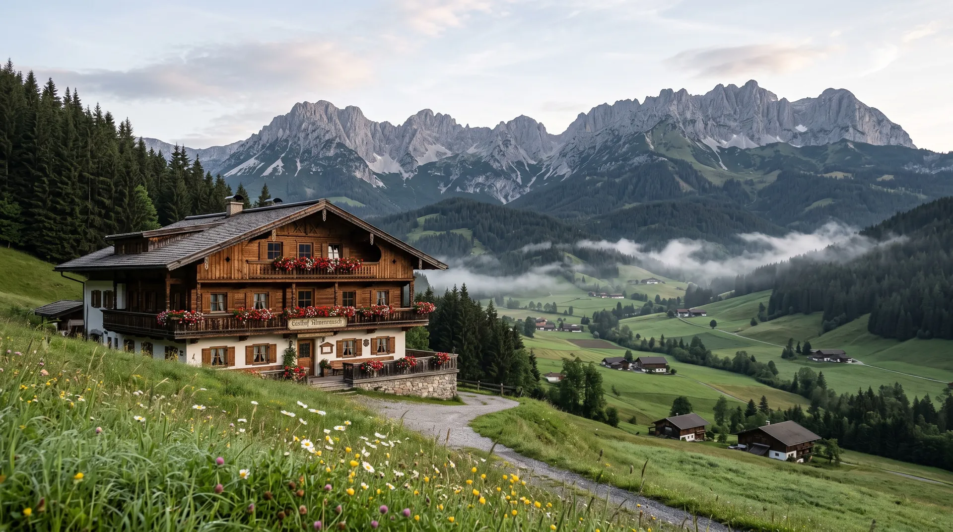 Holzchalet auf einer grünen Alm vor Kalksteingipfeln im Sommer