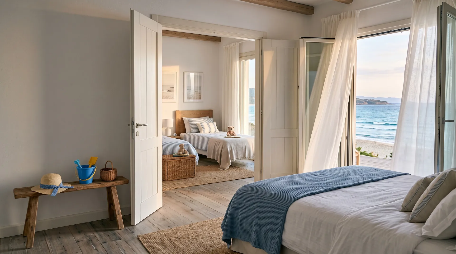 Verbundene Schlafzimmer einer Familiensuite mit Blick aufs Meer