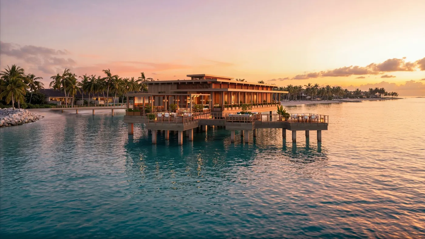 Four Seasons Resort Caye Chapel, Belize: Pavillon über dem Wasser an einem Holzsteg in ruhigem Wasser bei Sonnenuntergang