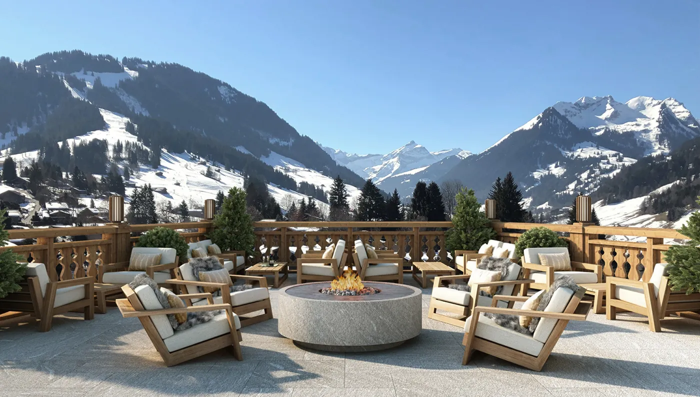 The Park Gstaad, A Four Seasons Hotel: Terrasse mit Sesseln um eine Feuerstelle vor verschneiten Alpengipfeln