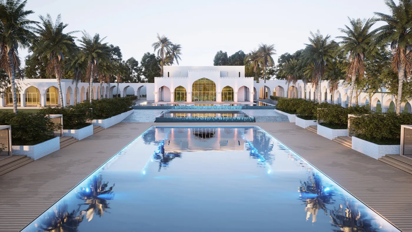 Four Seasons Resort Zanzibar: langer Pool zwischen weißen Pavillons mit Arkaden und Palmen in der Abenddämmerung