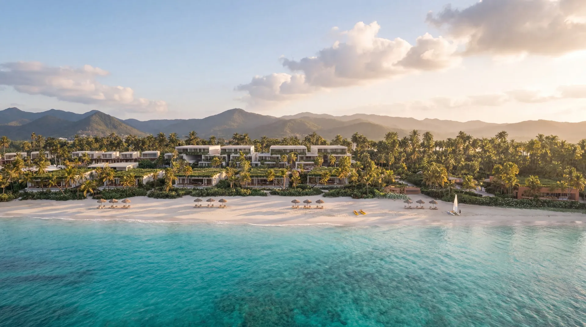 Four Seasons Resort Dominican Republic at Tropicalia: weißer Strand, türkisfarbenes Wasser und flache Pavillons zwischen Palmen an der Bucht von Samaná