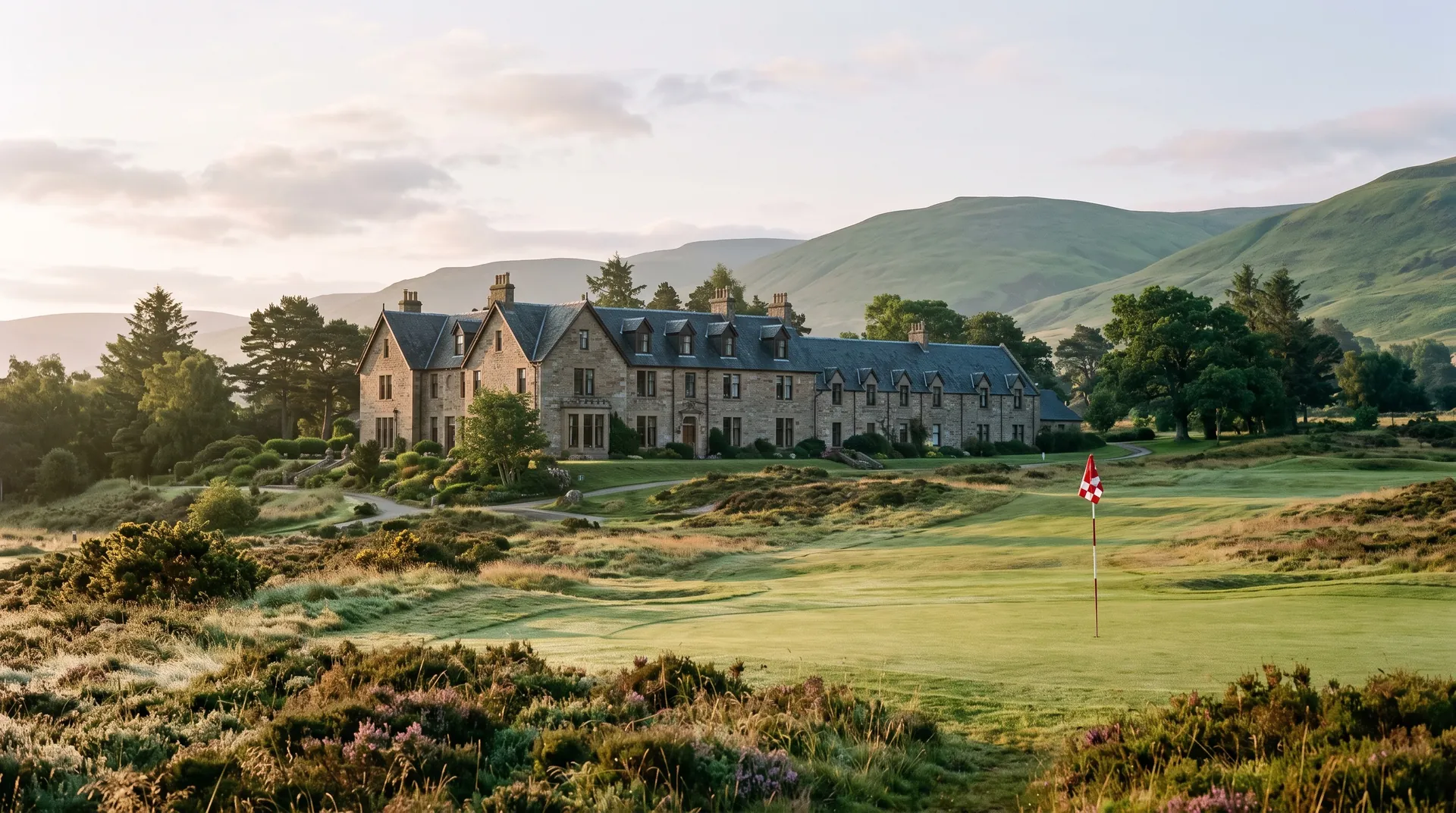 Landhaushotel aus Stein jenseits eines taufeuchten Heide-Fairways