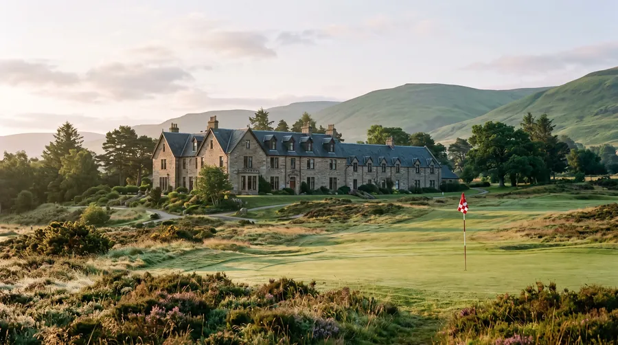 Landhaushotel aus Stein jenseits eines taufeuchten Heide-Fairways