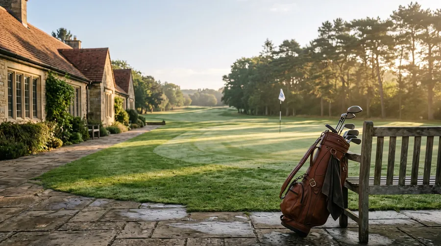Golfbag auf einer Bank am Rand eines Fairways neben einem Steinhotel im Morgenlicht