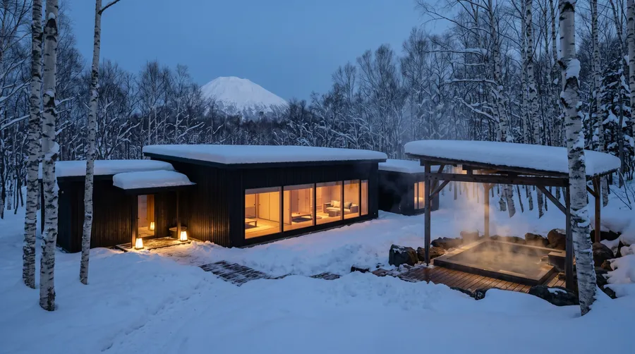 Flacher Ryokan aus Holz mit heißer Quelle im Freien, Schnee zwischen Birken