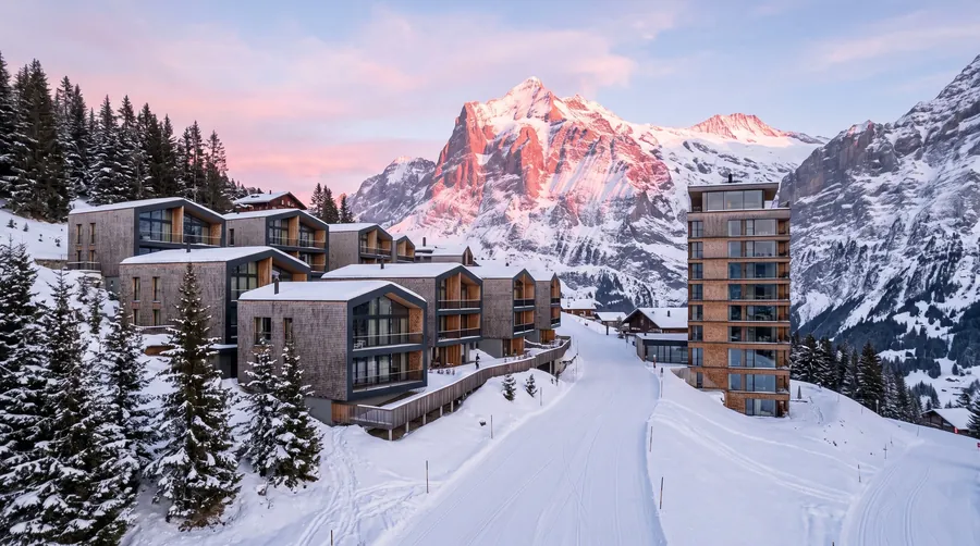 Schindelgedeckte Chalets und ein schlanker Hotelturm am verschneiten Hang unter Alpengipfeln