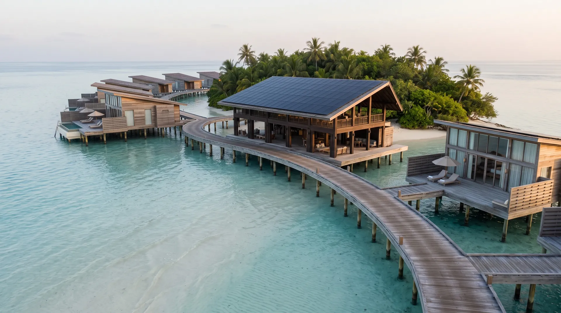 Geschwungener Steg mit Overwater-Villen aus Holz und Glas über einer hellen Lagune