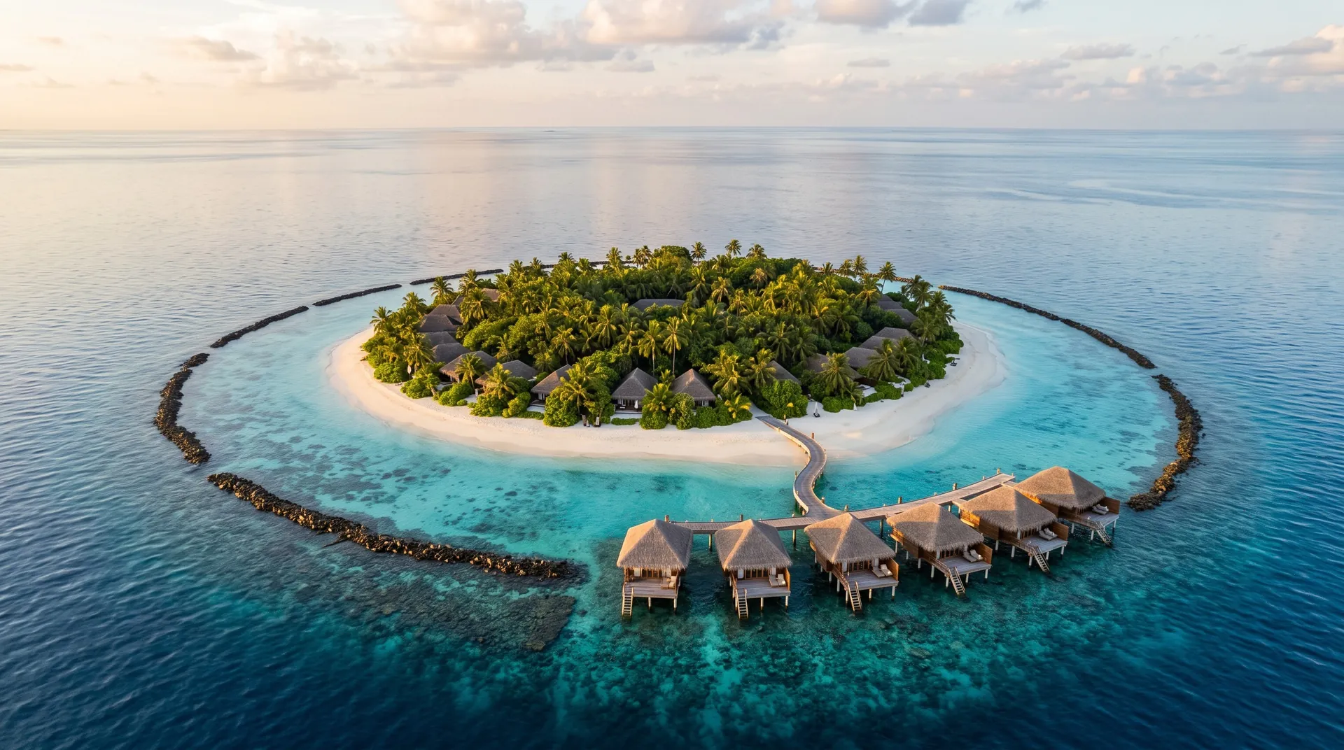 Kleine runde Insel mit Overwater-Villen auf einem Riffring in türkisfarbenem Wasser