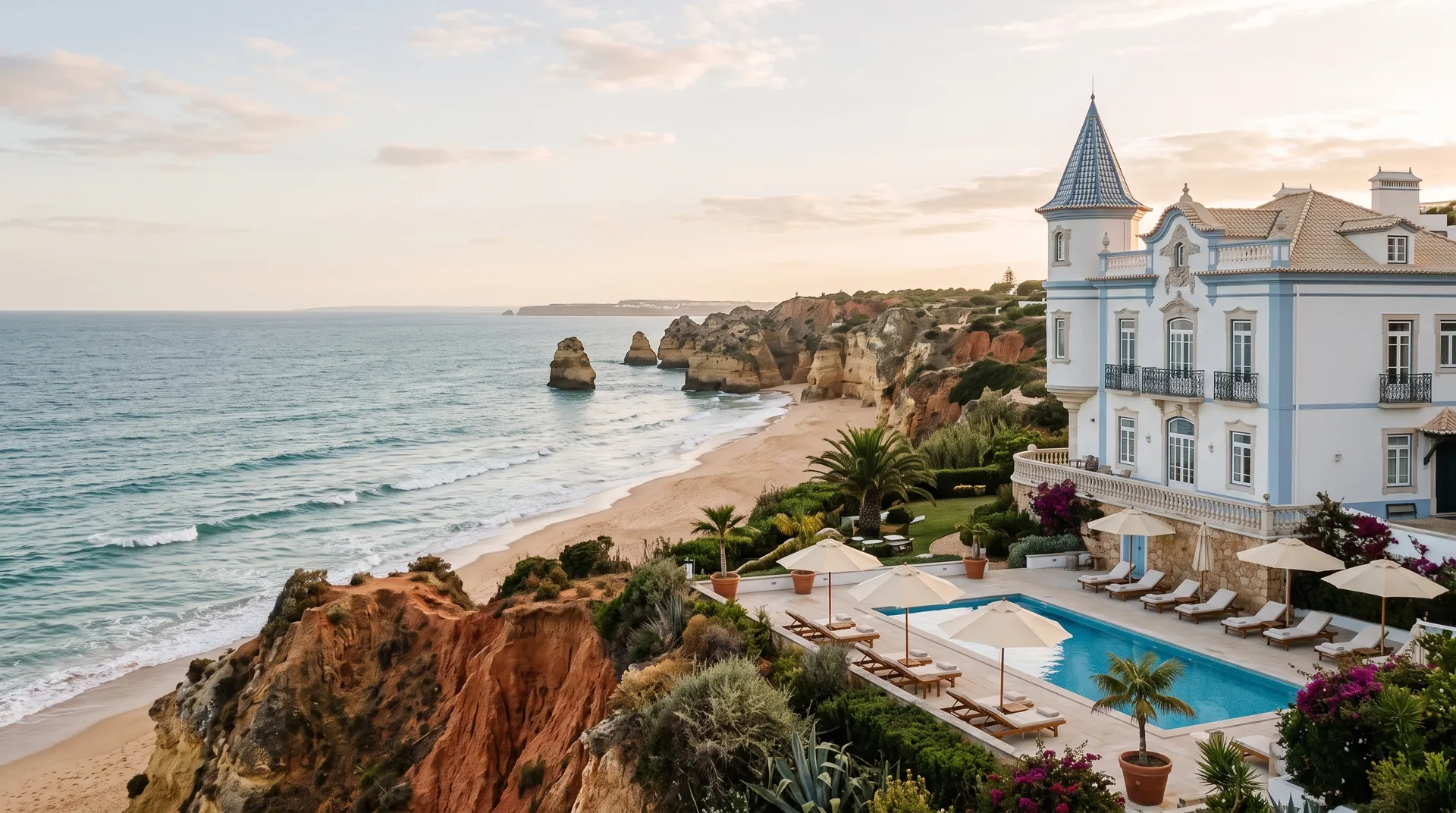 Villenhotel am Meer mit Pool über goldenen Klippen und einem Sandstrand