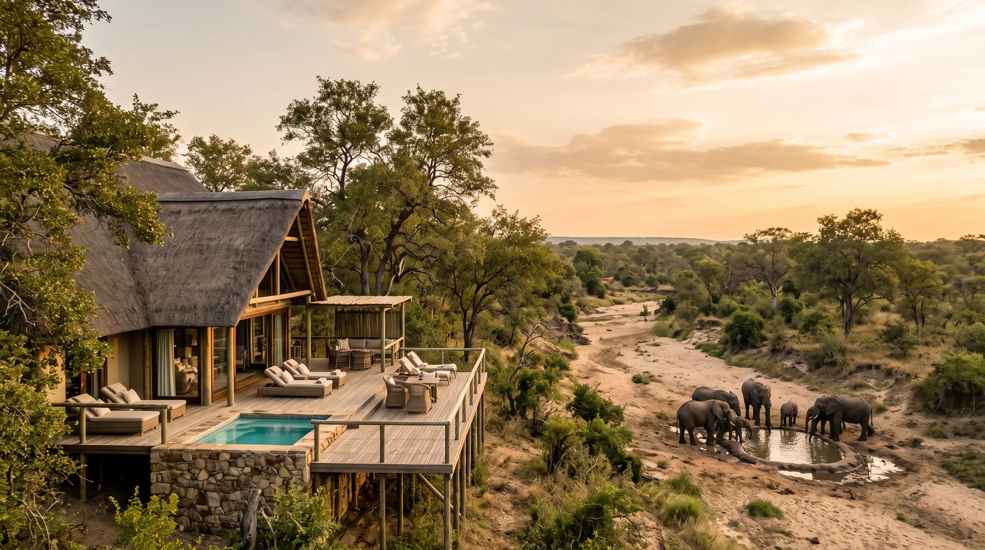 Safarisuite mit Strohdach, Tauchbecken und Holzdeck über einem trockenen Flussbett im Lowveld