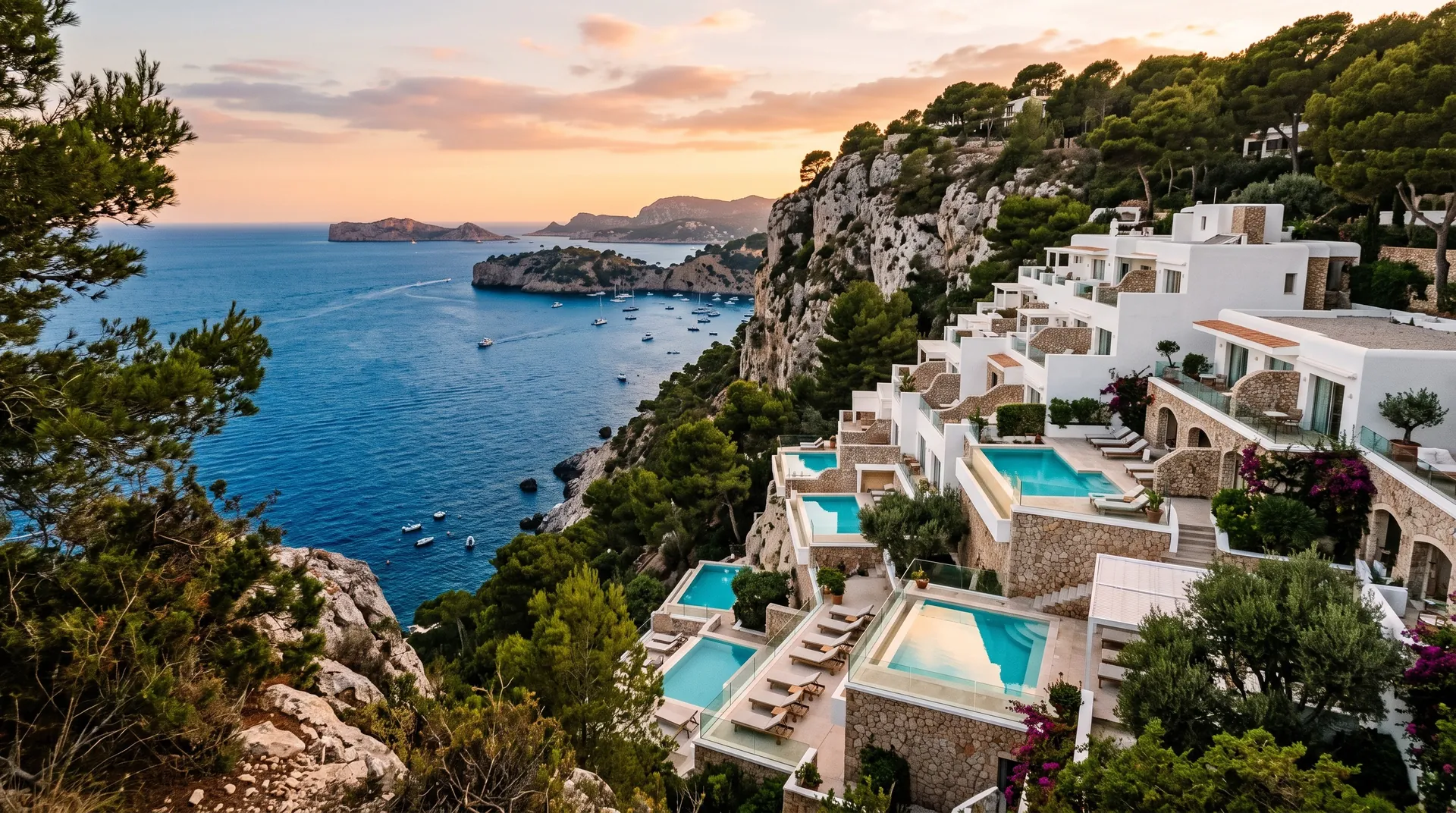 Weiße Terrassen und Pools, die an einer Klippe über einer Bucht auf Ibiza hinabsteigen