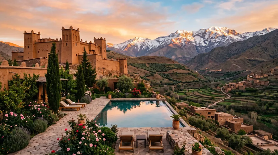 Kasbah aus Lehm mit Türmen und Pool auf einem Hügel im Hohen Atlas