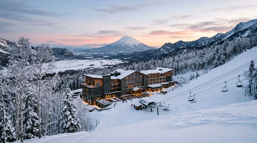 Berghotel aus Stein und Glas am Fuß einer verschneiten Skipiste mit Vulkan