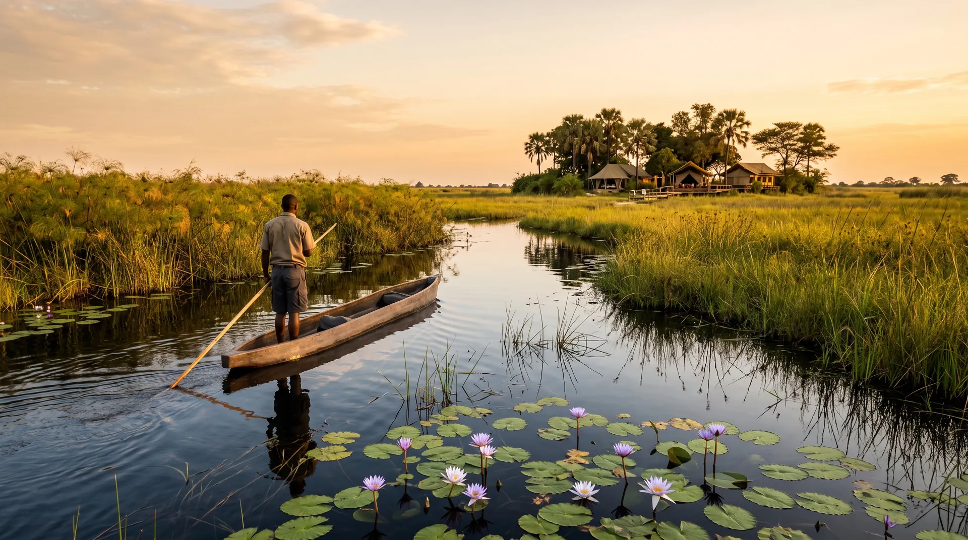 Mokoro-Einbaum gleitet zur goldenen Stunde durch klare Papyruskanäle des Okavango-Deltas