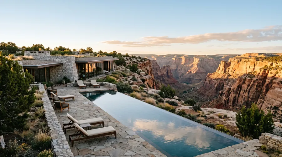 Steinhotel mit Infinity-Pool am Rand einer tiefen Schlucht in den Bergen Omans