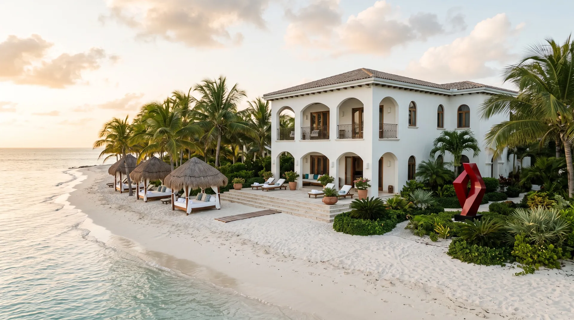 Weiße Villa mit Bögen hinter Palapas an einem karibischen Strand