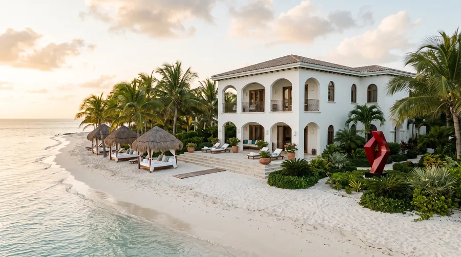 Weiße Villa mit Bögen hinter Palapas an einem karibischen Strand