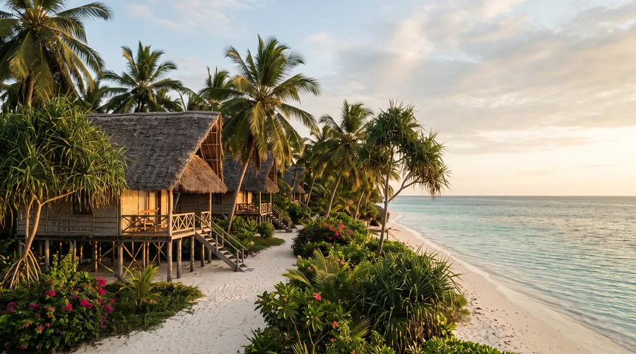 Bungalows auf Stelzen mit Palmdach über einem langen weißen Strand auf Sansibar