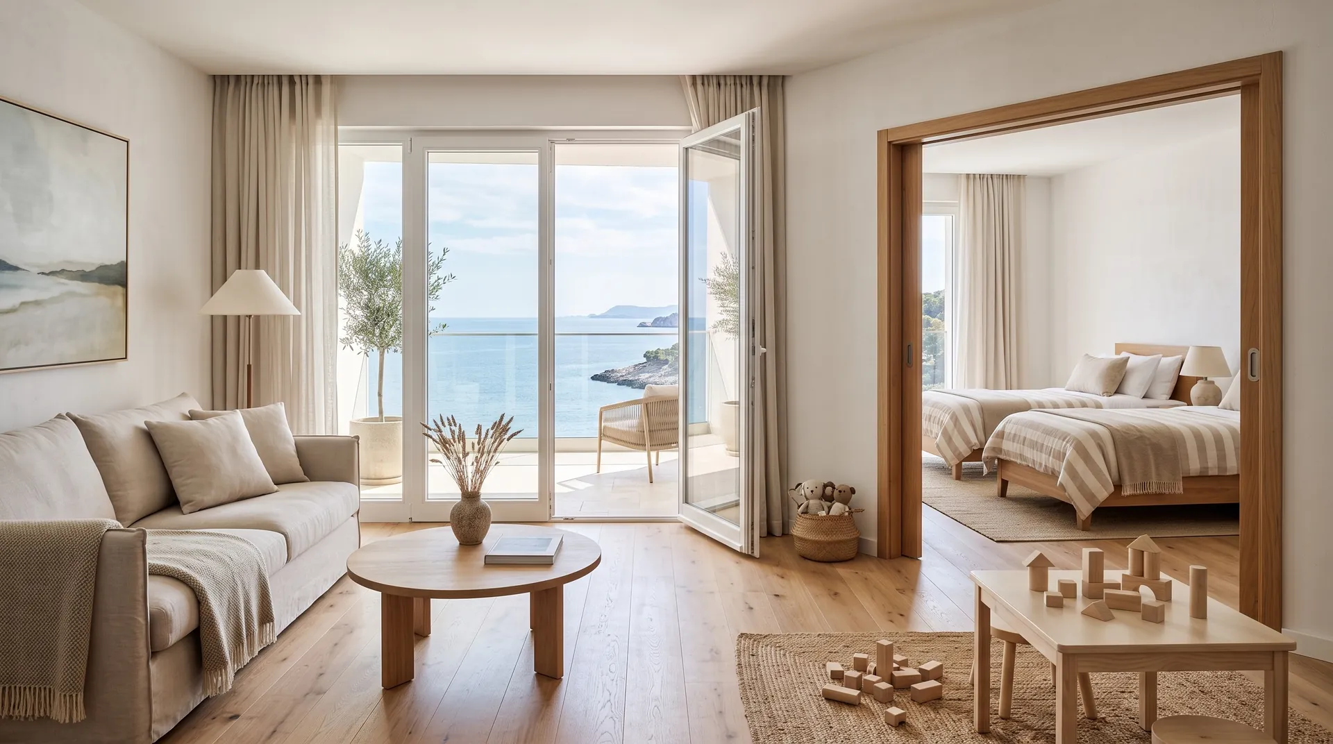 Helle Familiensuite mit kleinem Spieltisch und Meerblick