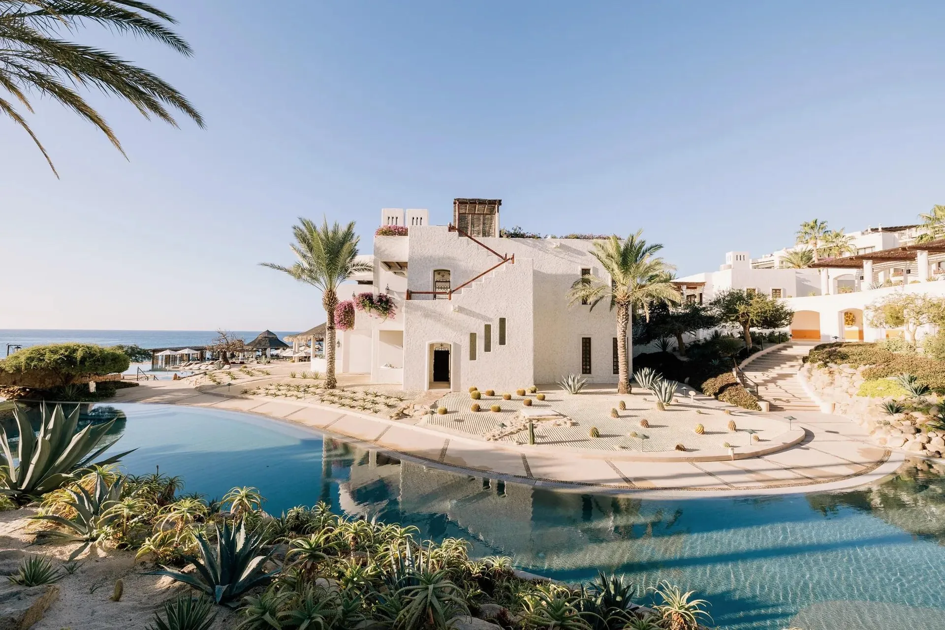 Rosewood Las Ventanas al Paraíso: Pool, weiße Gebäude und Wüstenpflanzen über dem Meer im Morgenlicht