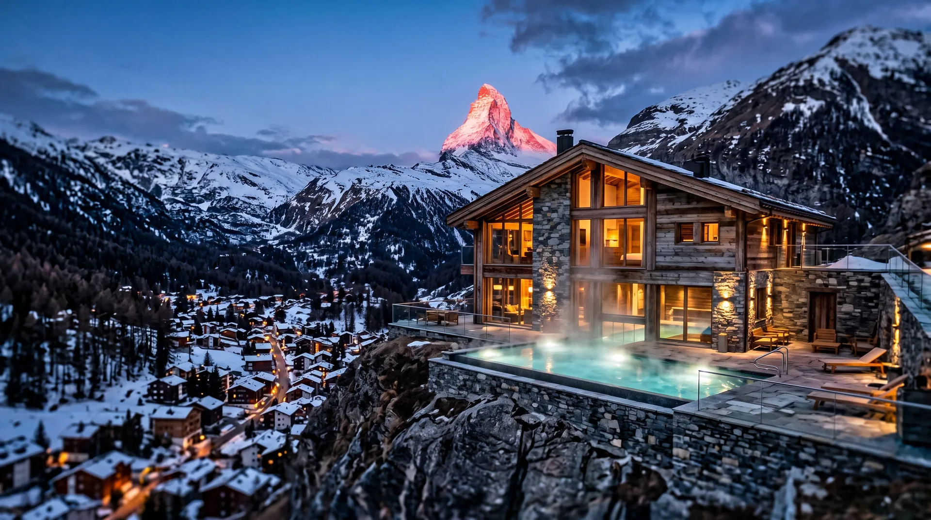 Berghotel mit leuchtendem Außenpool über einem verschneiten Dorf in der Dämmerung