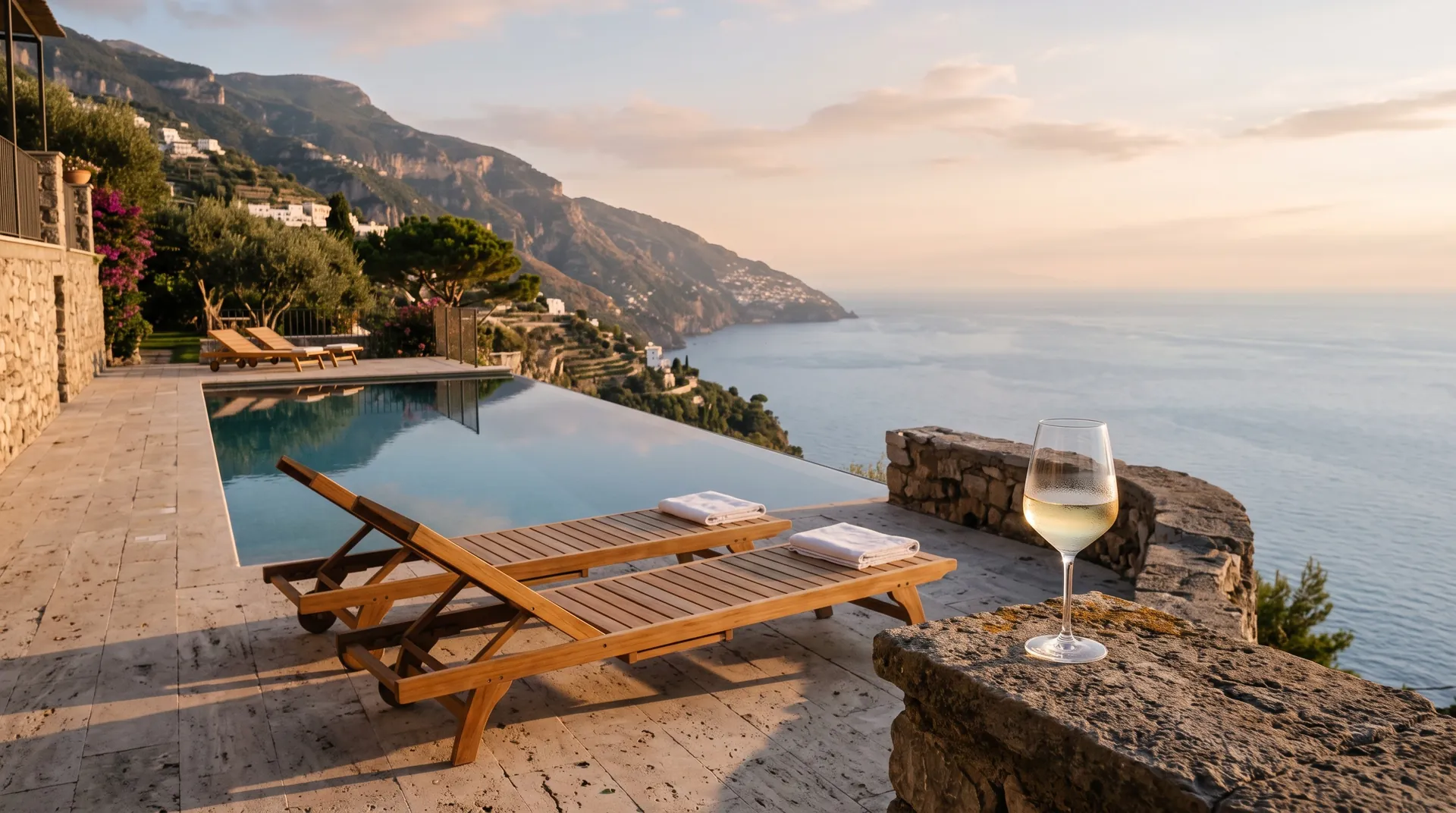 Leerer Infinity-Pool an einer Klippe mit Sonnenliege und einem Glas Wein
