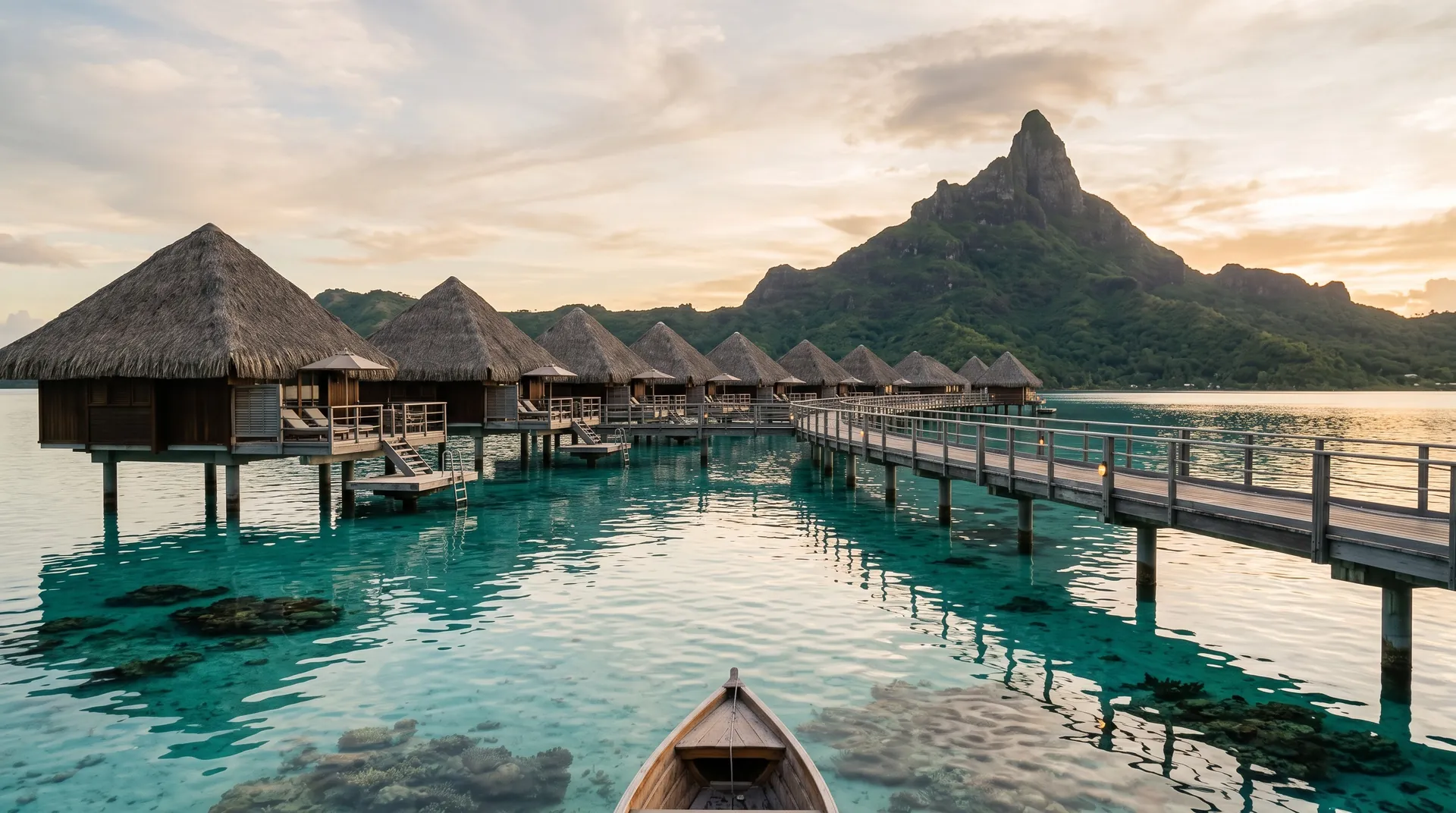 Overwater-Bungalows mit Strohdach an einem Steg unter einem steilen grünen Vulkangipfel