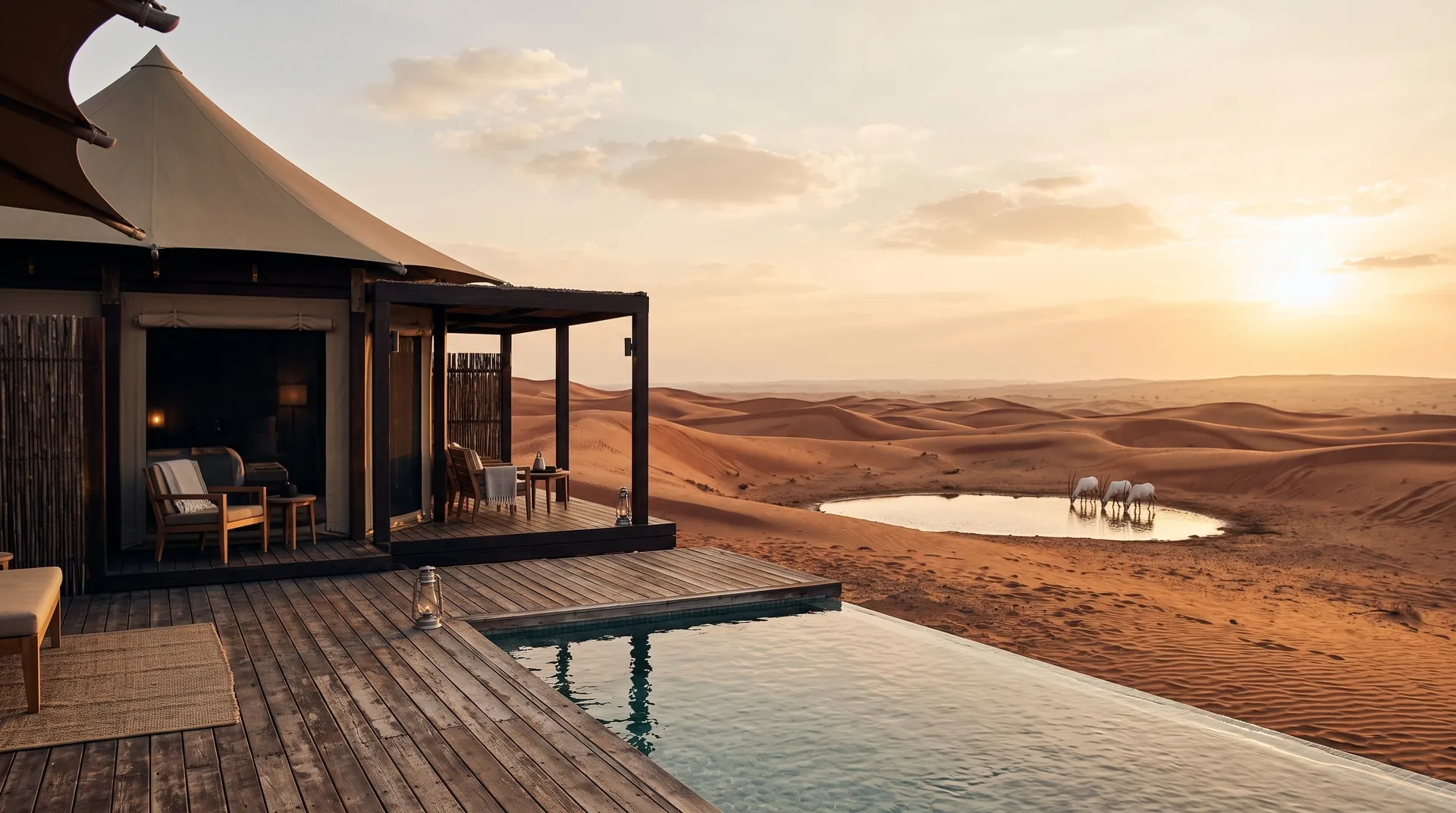 Zeltsuite mit privatem Pool auf einem Deck vor roten Dünen bei Sonnenuntergang
