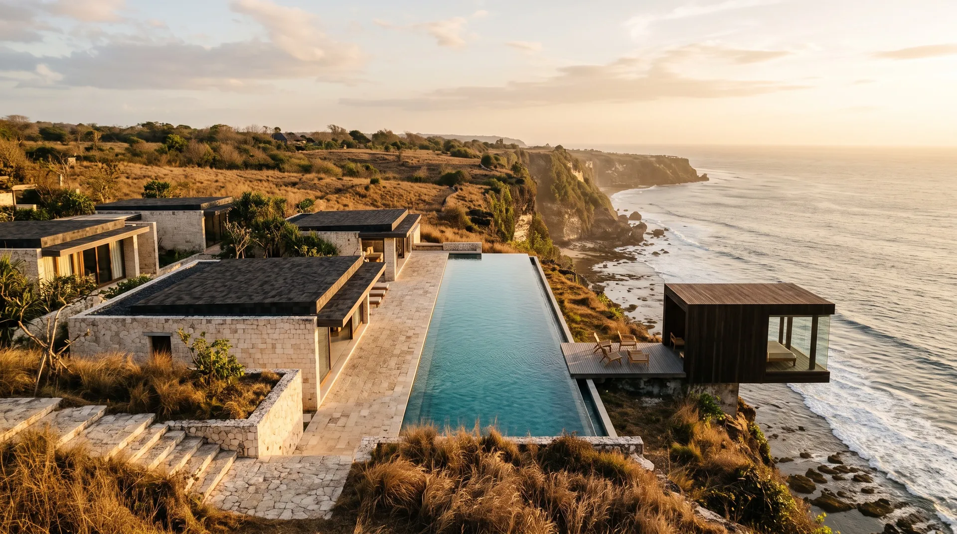 Minimalistische Pavillons und ein langer Pool auf einer Klippe über dem Ozean