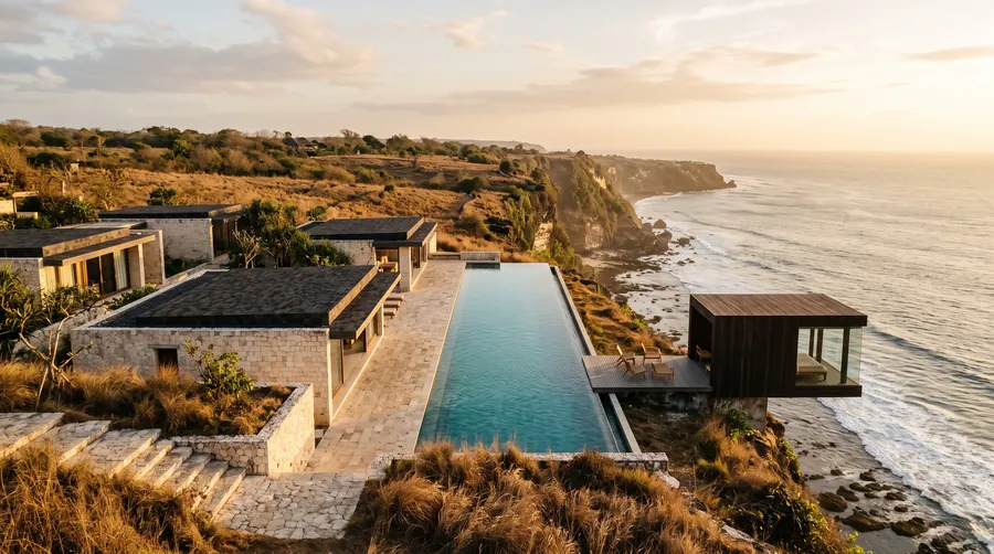 Minimalistische Pavillons und ein langer Pool auf einer Klippe über dem Ozean