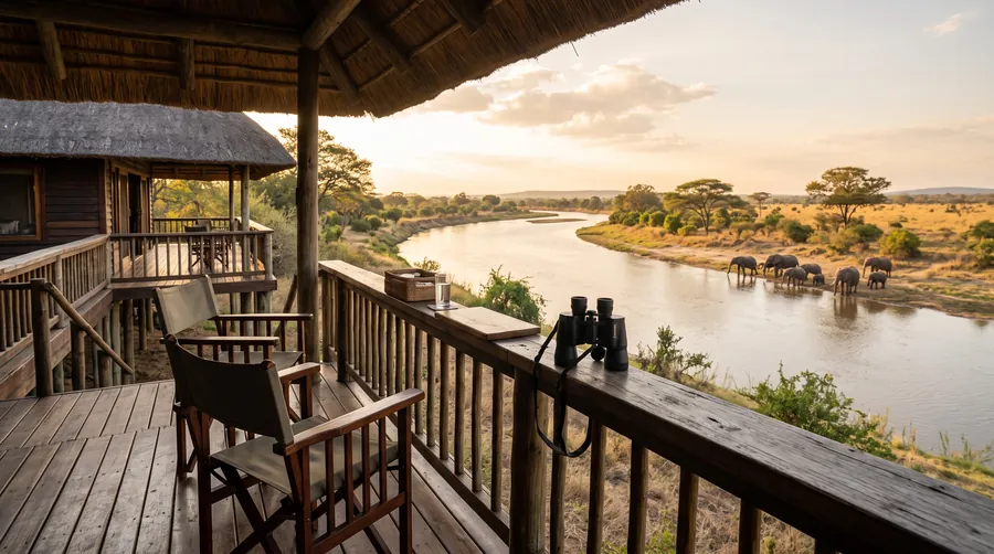 Deck einer Safari-Lodge mit Fernglas über einer Flussbiegung, Elefanten am anderen Ufer