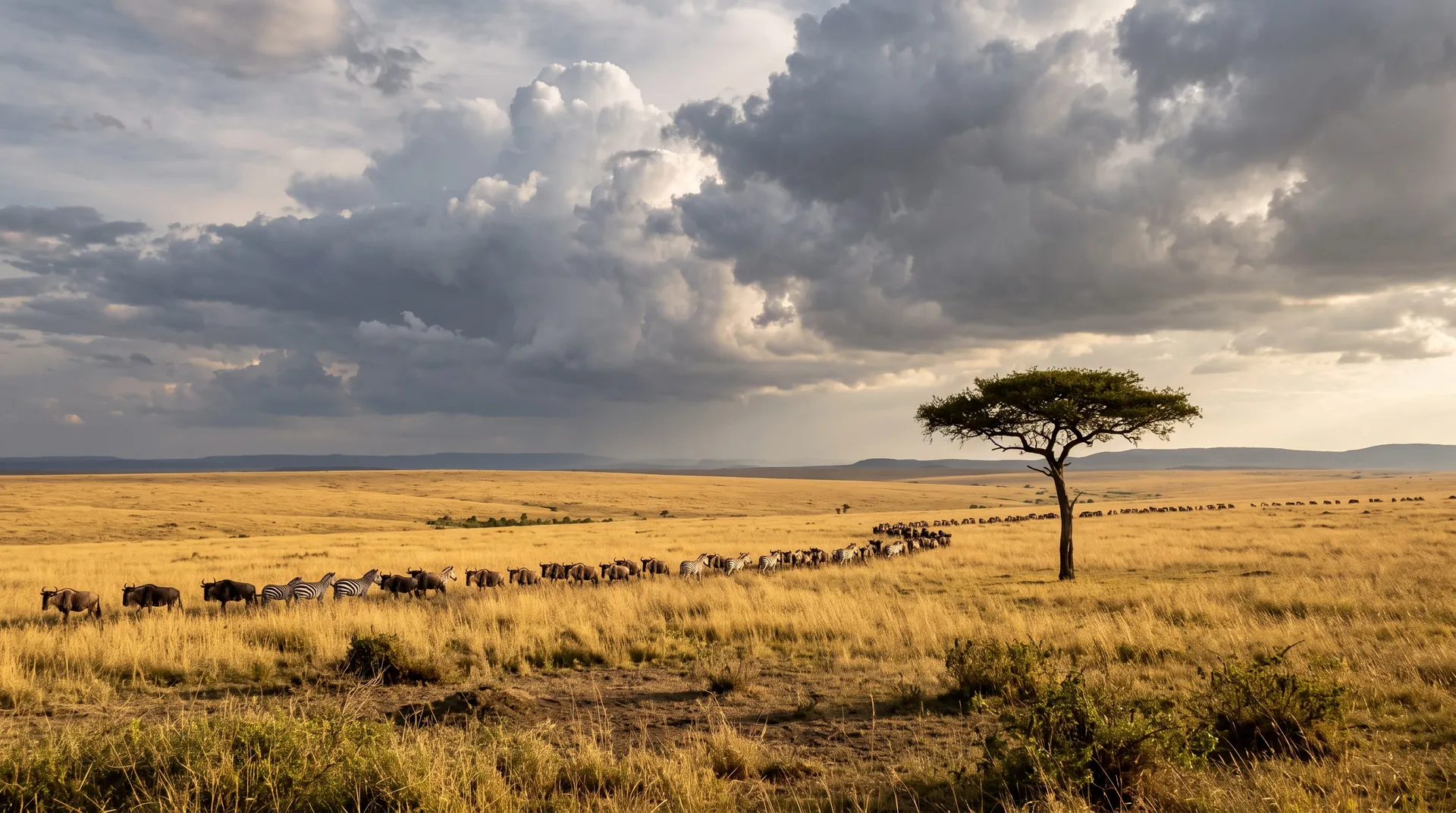 Goldenes ostafrikanisches Grasland unter Gewitterwolken, Gnus und Zebras ziehen über die Ebene