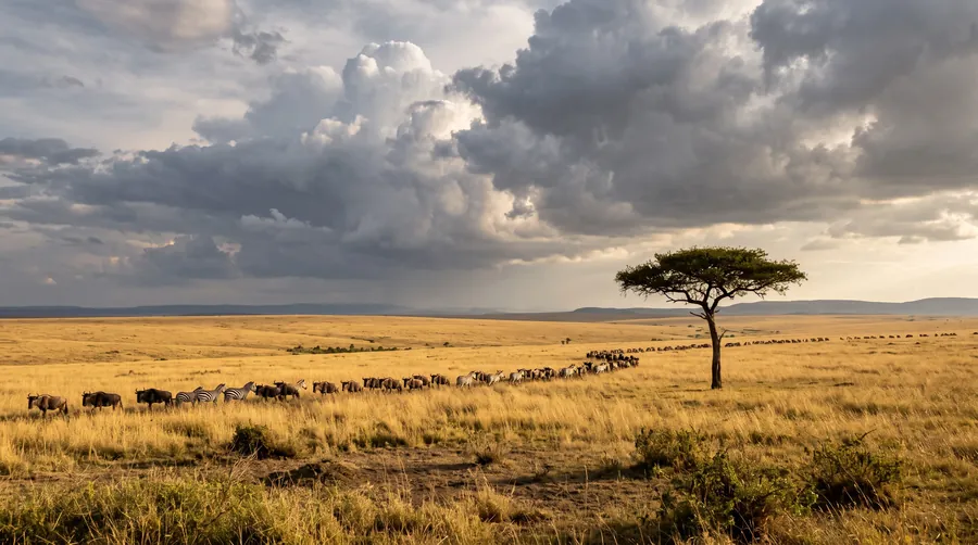Goldenes ostafrikanisches Grasland unter Gewitterwolken, Gnus und Zebras ziehen über die Ebene