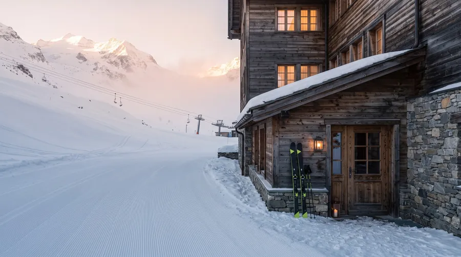 Alpines Chalethotel direkt neben einer präparierten Piste am Morgen