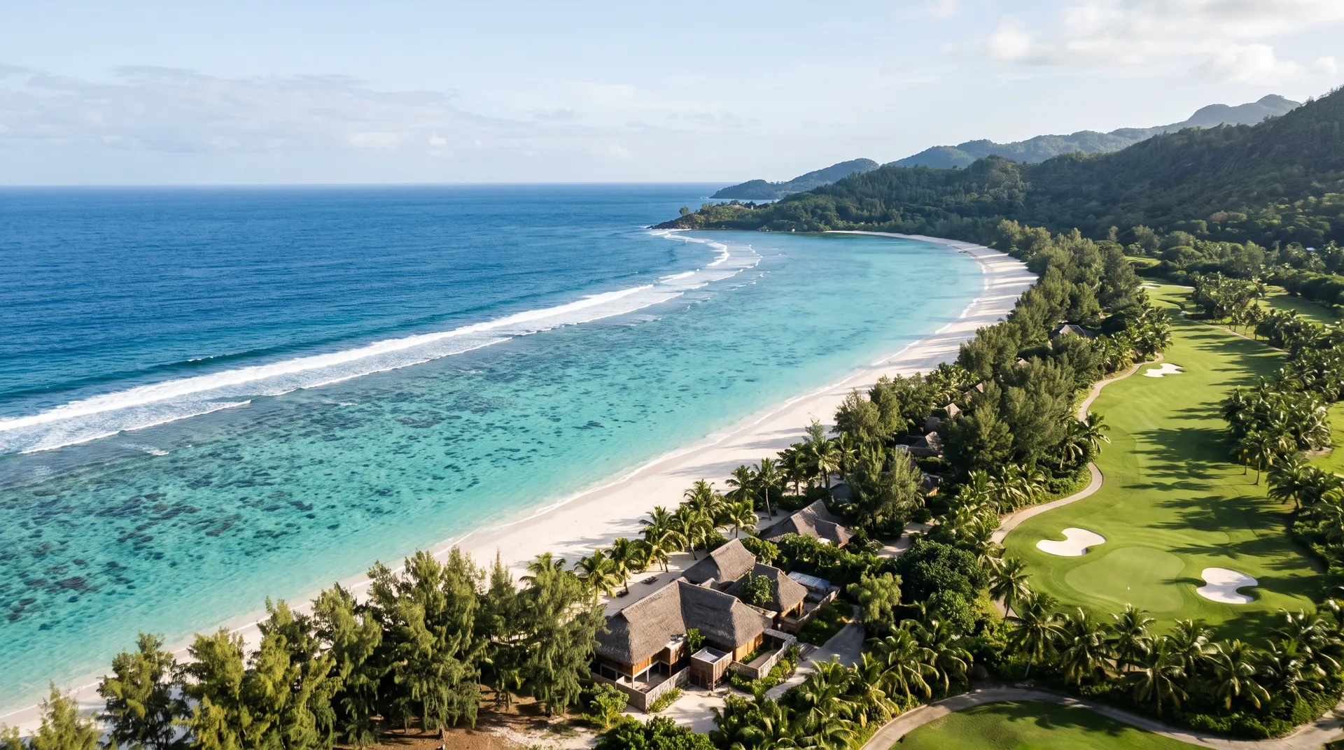 Langer weißer Strand und Rifflagune von oben, ein Resort zwischen Kasuarinen