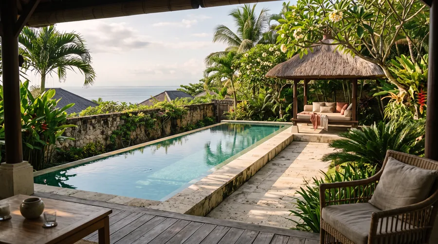 Privater Pool auf einer Villenterrasse mit Sala unter Strohdach und dem Meer dahinter