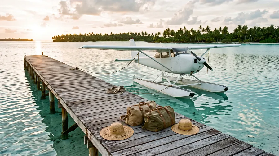 Wasserflugzeug an einem Holzsteg, das Gepäck wartet auf den Planken