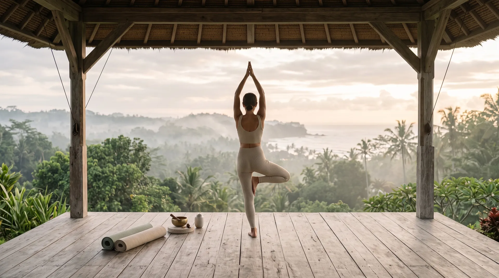Offener Yogapavillon über nebligem Tropenwald bei Sonnenaufgang