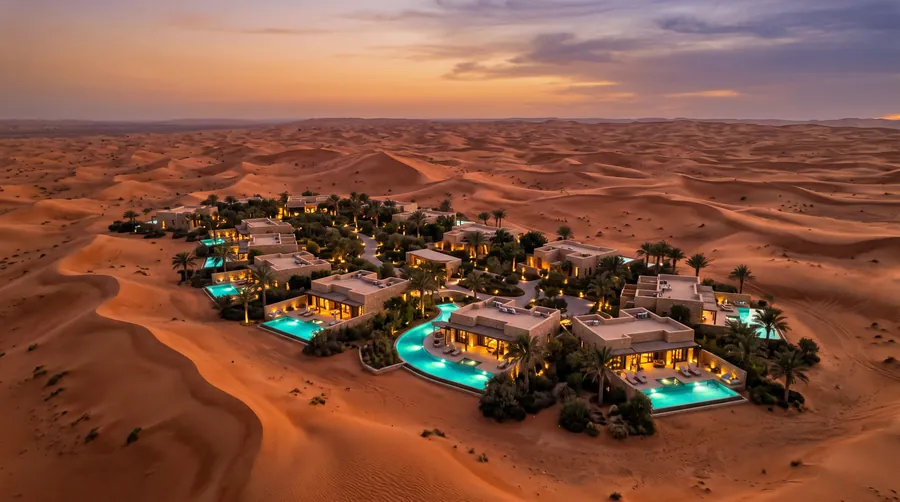 Luftbild eines flachen Wüstenresorts mit türkis leuchtenden Pools zwischen orangefarbenen Dünen in der Dämmerung